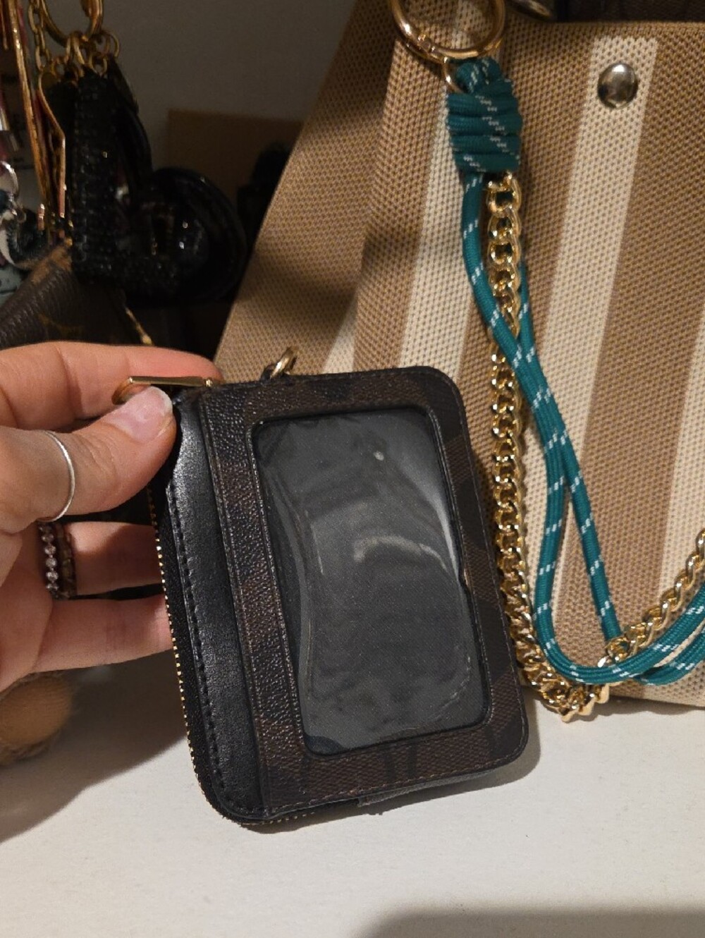 Coach Brown & Black Signature Canvas Card Case with Gold Chain - Picture 4 of 10